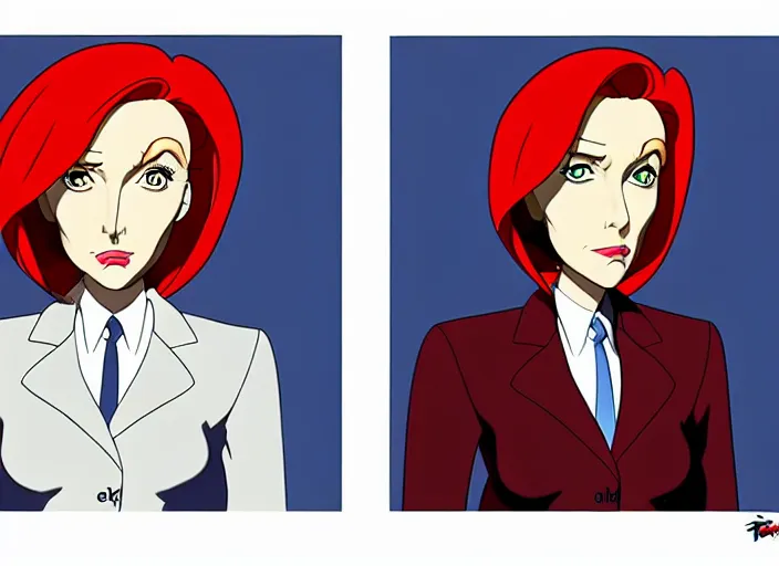 Prompt: a shaded animation cel of dana scully, sharp detail, realistic anatomy, in the style of western cartoons, by filmation, toei animation, studio trigger, studio ghibli, 5 k, artstation trending