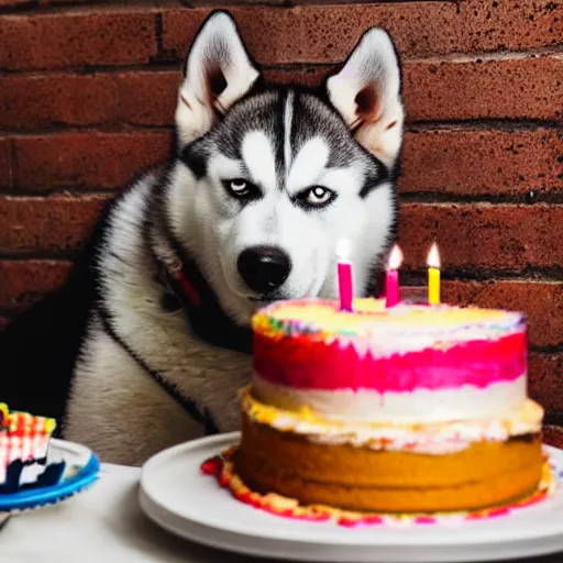 Image similar to a high - quality photo of a husky with a birthday cake, f 3. 5, sharpened, iso 2 0 0, food photography