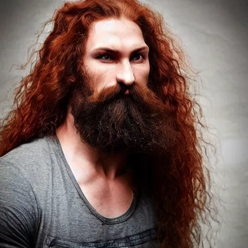 Prompt: soulful russian man with long wavy red hair, innocent green eyes, short goatee, and powerful muscles. wholesome, tender, kind!