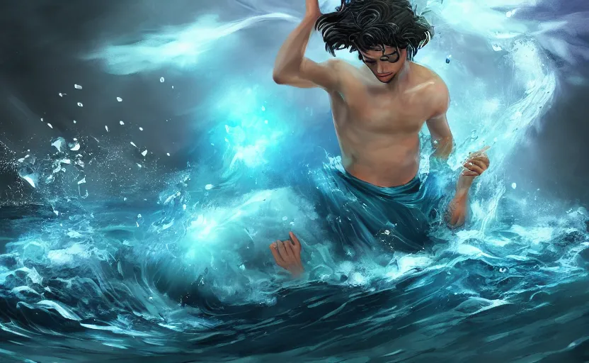 Image similar to Full body of young Poseidon flying and emerging from water with blue magic, light particles, digital painting, trending in Art Station, epic and amazing, 4k, very detailed,