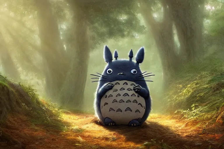 Image similar to photorealistic Totoro sitting in a forest, fantasy, illustrated by Greg Rutkowski and Caspar David Friedrich, high detail, god rays, Trending on artstation, artstationHD, artstationHQ