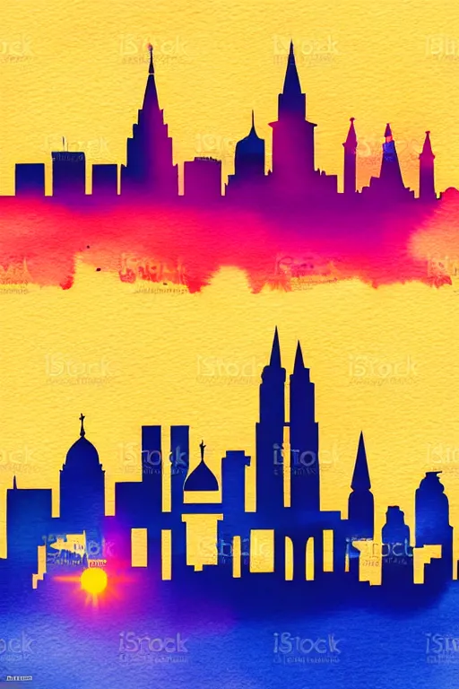 Image similar to minimalist watercolor art of moscow skyline at sunset, illustration, vector art