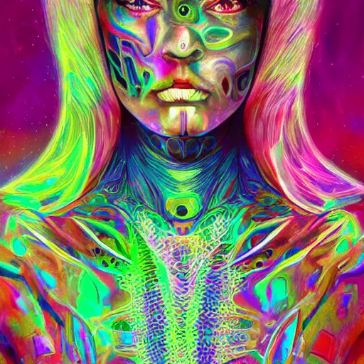 Image similar to extremely psychedelic cyborg queen of lsd. intricate, elegant, highly detailed, photorealistic digital painting, artstation.