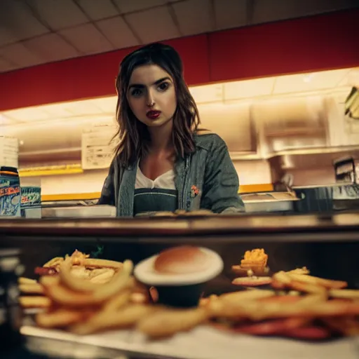 Image similar to ana de armas portrait working in a fast food restaurant, in a cinematic cyberpunk style, 3 5 mm