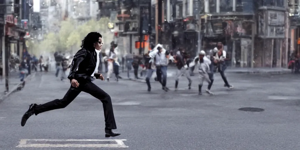 Image similar to leaked photo of Michael Jackson running down street by himself, alone, big crowd, ultra realistic, 4K, movie still, UHD, sharp, detailed, cinematic, render, modern