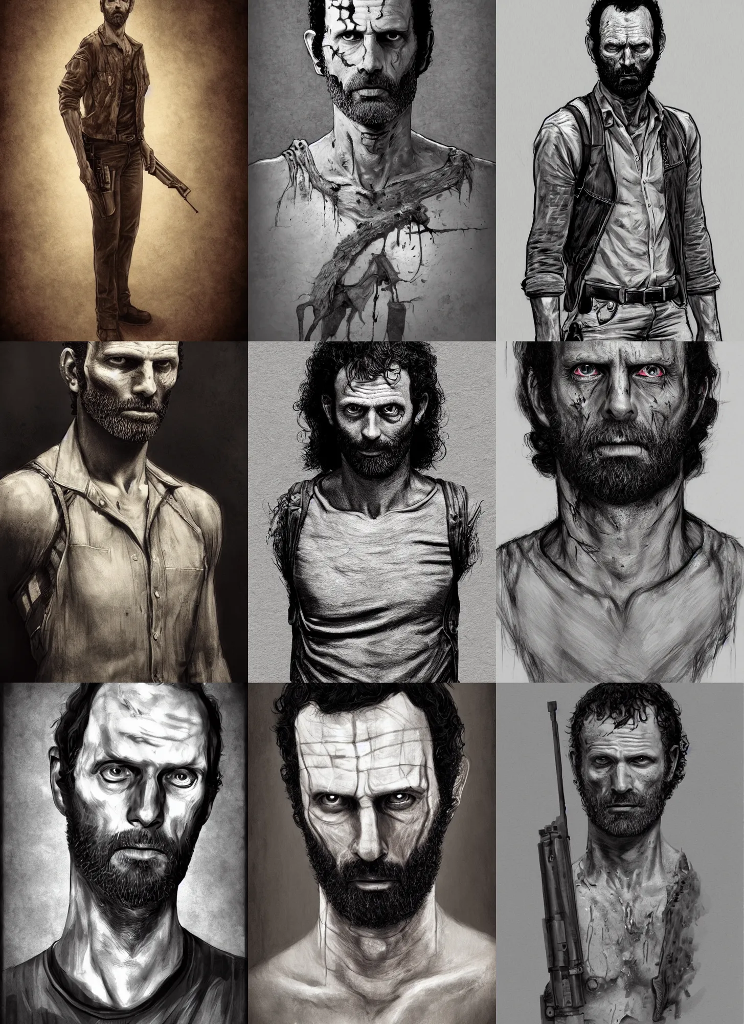 Prompt: full-body portrait by Diane Arbus, rick grimes line art, the walking dead, full body, fantasy, medieval, vivid colors, elegant, concept art, sharp focus, digital art, Hyper-realistic, 4K, Unreal Engine, Highly Detailed, HD, Dramatic Lighting by Brom, trending on Artstation