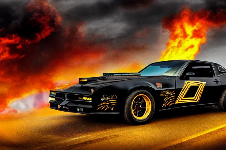Prompt: black pontiac firebird trans - am with flames drawn on the chassis, sunrise, cinematic, sunbeams, volumetric lighting, wide shot, low angle, lightning storm striking the car