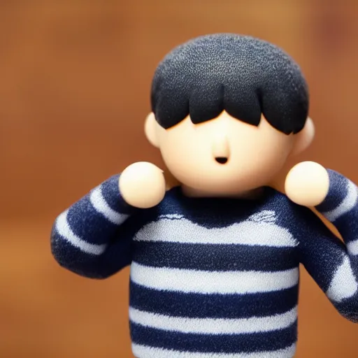 Prompt: a 21 year old skinny white programmer guy with no beard and black hair on top, short on sides, in a navy blue sweater, jeans and grey shoes funko pop close up highly detailed photo