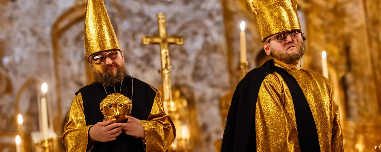 Image similar to orthodox priest in golden clothes with cute caracal head, wearing vr, in orthodox church, orthodox icons, volumetric lighting, night, atmospheric, ambients, dramatic, noir, blur, bokeh, cinematic, shallow depth of field, 8 0 mm, f 1. 8