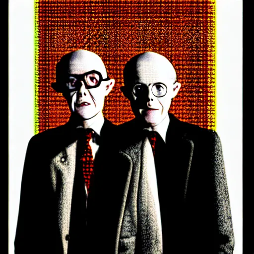 Image similar to image of gilbert and george being possessed by the ghost of alan turing, chromatic aberration, noise, butcher billy style