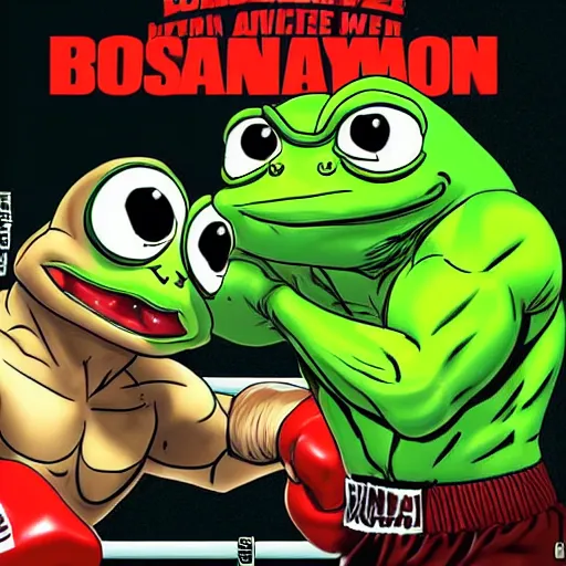 Prompt: dwayne johnson and pepe the frog wrestling in arena, dwayne johnson fighting the frog in a boxing ring, toad, dynamic composition, very detailed photography award winning, 8 k