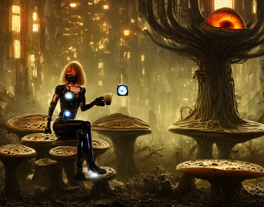 Image similar to photo of an intricate and sophisticated terminator woman with borg enhancements sitting on a giant mushroom in a weird magical forest and drinking a cup of tea. Very detailed 8k. Fantasy cyberpunk horror