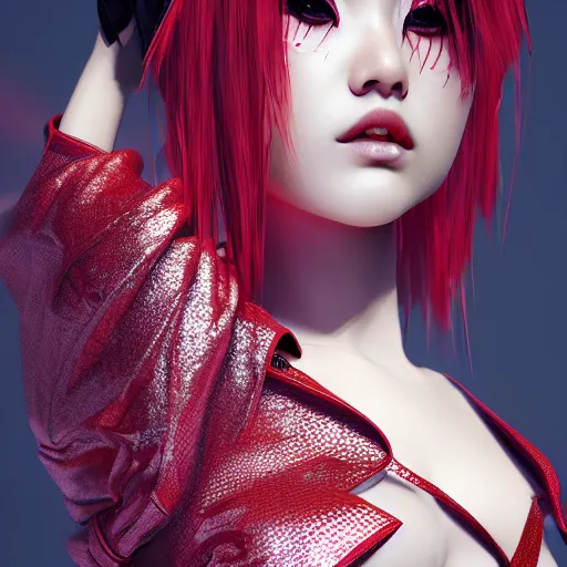 Image similar to Japanese model with maximalist hair style and makeup, fashion model, unreal engine octane, red and white, portrait, gliter, depth of field, 8k, hyper detailed, intricate, trending on artstation