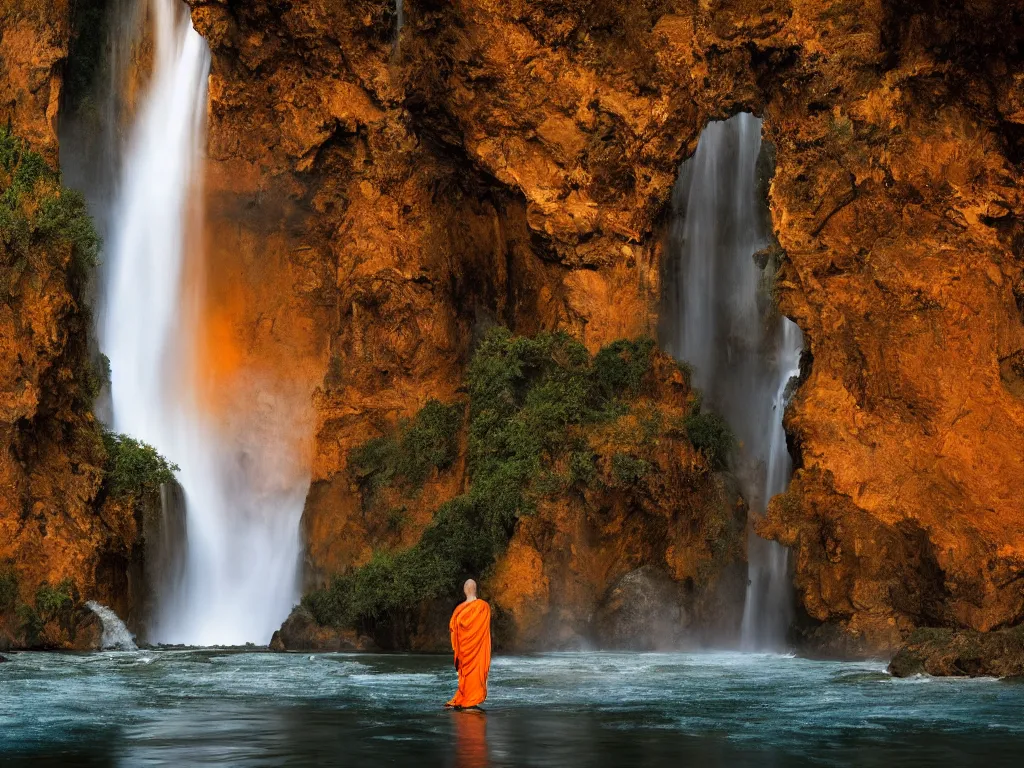 Image similar to dang ngo, annie leibovitz, steve mccurry, a simply breathtaking shot of mediating monk in orange, giantic waterfall, bright moonlight, golden ratio, wide shot, symmetrical