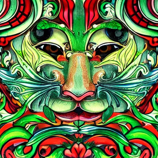 Image similar to colourful highly detailed ornate decorative green man as a cat face 3 d sculplture by walter crane and william morris, closeup, twisting leaves, flowing lines, abstract psychedelic, 8 k, artstation