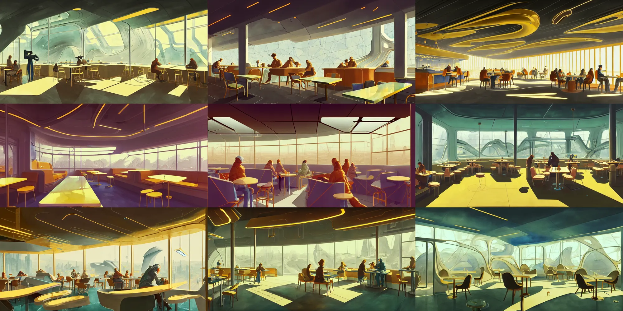 Prompt: a beautiful illustration of futuristic cafe interior, big medium small, golden ratio, in watercolor gouache detailed paintings, in style of syd mead, trending on artstation, 8 k, panel, hard surface, vent, zaha hadid, props, plant, cozy, decoration around the room, simon stalenhag, deus ex