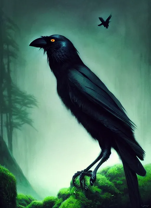 Image similar to side portrait dark crow (animal), close-up, fantasy forest landscape, moonshine, fantasy magic, nice black feather, proud, green dark light night, intricate, elegant, sharp focus, illustration, highly detailed, digital painting, concept art, matte, art by WLOP and Artgerm and Greg Rutkowski and Eddie Mendoza, masterpiece