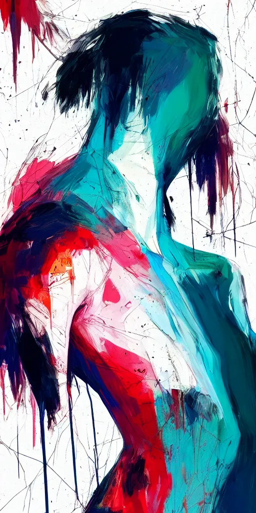 Prompt: abstract flowing brush strokes of the torso of one thin athletic man posing dramatically with no face, closeup, matte paint colors, conrad roset, dark abstract background, painting trending on artstation