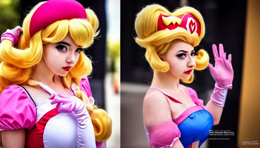 Image similar to amazing cosplay of princess peach from mario, symmetrical, cinematic, real photography, elegant, 4 k, ultra hd, cosplay journal cover