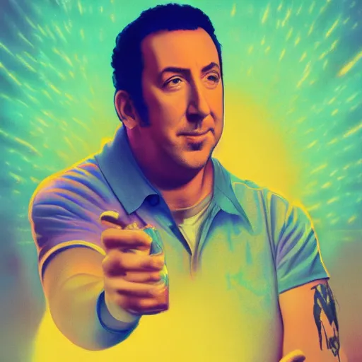 Prompt: Adam Sandler, catching Nicholas Cage, in a lava lamp, Trending on Artstation, Hiroaki Tsutsumi style