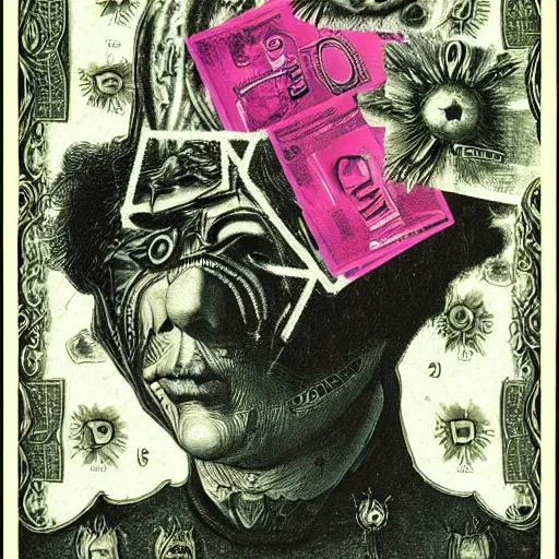 Image similar to post - punk new age album cover, asymmetrical design, dollar bank notes, capitalism, magic, apocalypse, psychedelic, black white pink, magic, giger h. r., giuseppe arcimboldo