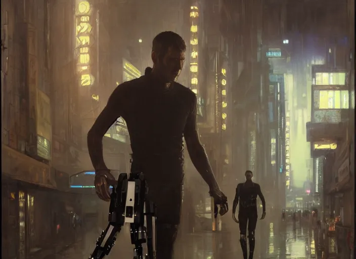 Prompt: blade runner with four robotic legs ( blade runner 2 0 4 9, dystopian, cyberpunk 2 0 7 7 character design ). orientalist portrait by john william waterhouse and james gurney and theodore ralli and nasreddine dinet, oil on canvas. cinematic, hyper realism, realistic proportions, dramatic lighting, high detail 4 k