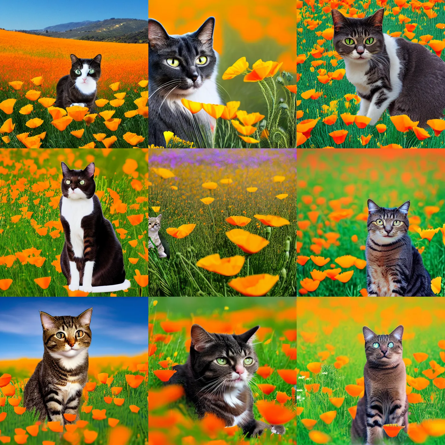 Prompt: 2D image of a cat sitting in california poppies field