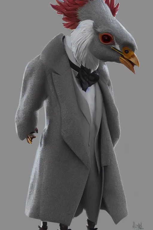 Image similar to a chicken wearing a formal overcoat, hyperrealistic, concept art, octane render, unreal engine 5, trending on artstation, high quality, highly detailed, 8 k, soft lighting, path traced, high coherence, digital art, beautiful, elegant clothes, trending on deviantart, masterpiece