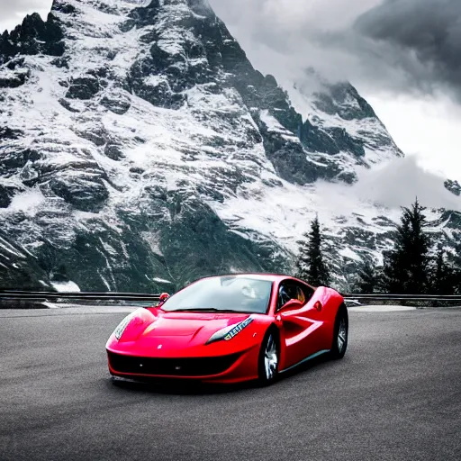 Prompt: a ferrari on a cloudy day in the swiss alps