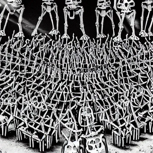 Prompt: a dancing crowd of skeletons in front of a soundsystem in a forest, made by Posada, in black and white