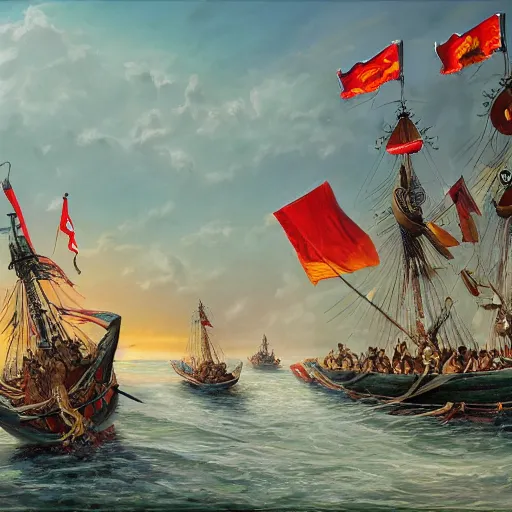 Prompt: A boat with Mongolian soldiers sailing across the sea, painting, stunning, 4k, HD, intricate detail