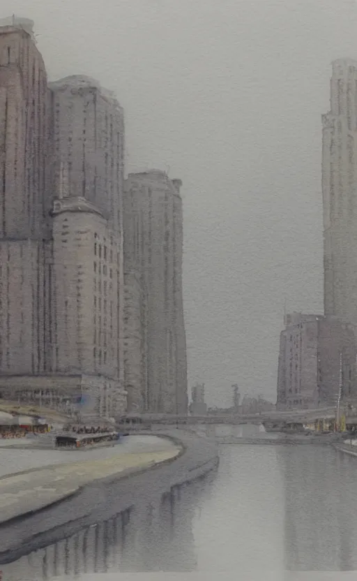Image similar to A watercolor depicting an empty Shanghai Bund, gloomy weather, high contrast, smooth, by Joseph Zbikowicz, 8k