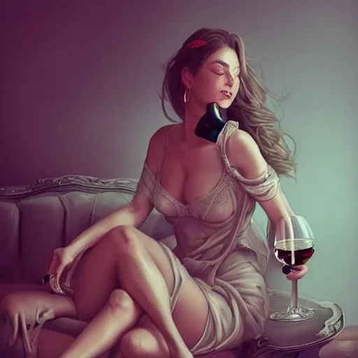 Prompt: an insanely detailed portrait of a beautiful woman biting her bottom lip and sitting on a large sofa, she holds a glass of wine, in the style of peter mohrbacher, artgerm, dramatic lighting and composition, octane render, trending on artstation, concept art 8 k