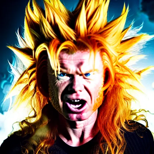 Image similar to uhd candid photo of hyperdetailed dave mustaine as a super saiyan. correct face, intricate costume, cinematic lighting, photo by annie leibowitz, and akira toriyama