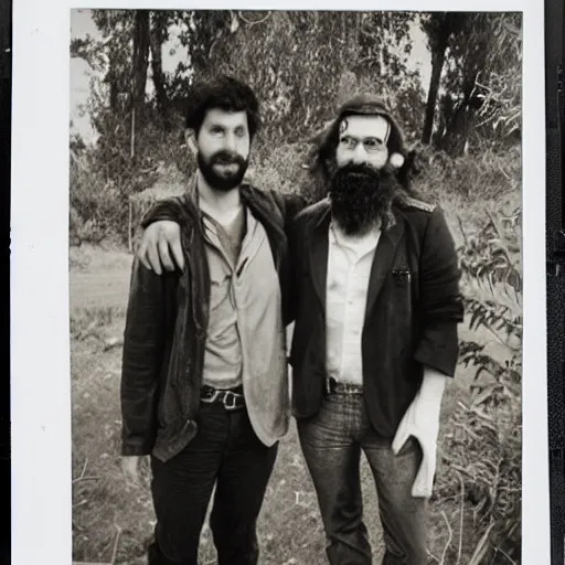 Prompt: photorealistic 8 0's polaroid of an eccentric expeditionary bearded archaeologist with luggage and a rich clean - shaven suave handsome aristocrat standing next to him