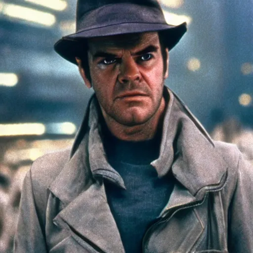 Image similar to young Jack Nicholson as Rick Deckard on blade runner 1982, slightly smiling, wide angle lens, movie still, in color, movie frame, detailed face, symmetrical face, 4k