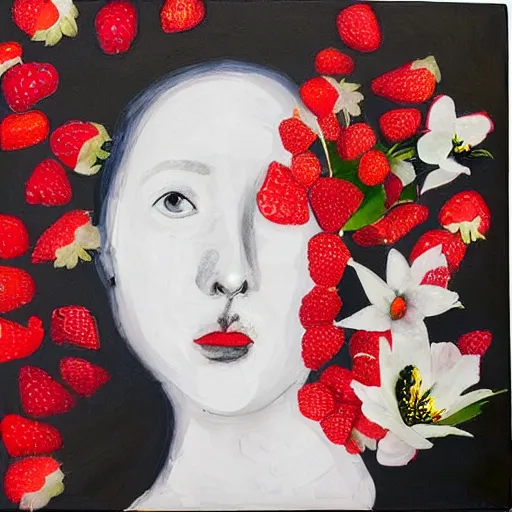 Image similar to “art in an Australian artist’s apartment, portrait of a woman wearing stained white cotton cloth, stained by fresh raspberries and strawberries and blueberries, white wax, edible flowers, Japanese pottery, Australian native white and red flowers ikebana, black walls, acrylic and spray paint and oilstick on canvas”