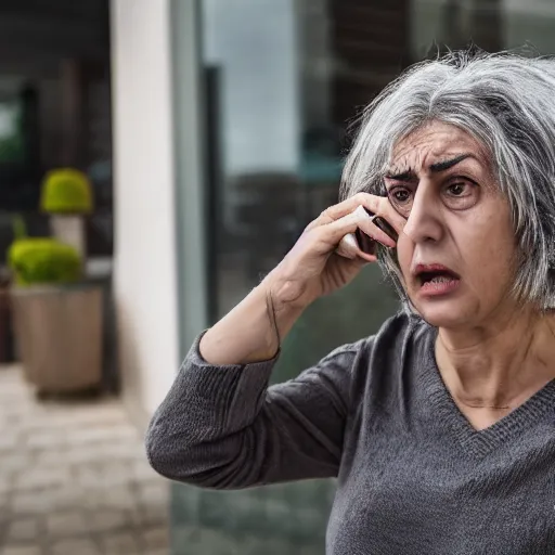 Image similar to astonished and angry middle aged lady looking at smartphone, unsure expression, uncombed hair, greek ethnicity, persian face structure, straight grey hair, angry eyes, photo, realistic, outdoor lighting, 4 k, 8 k, hd, 3 9 mm lens