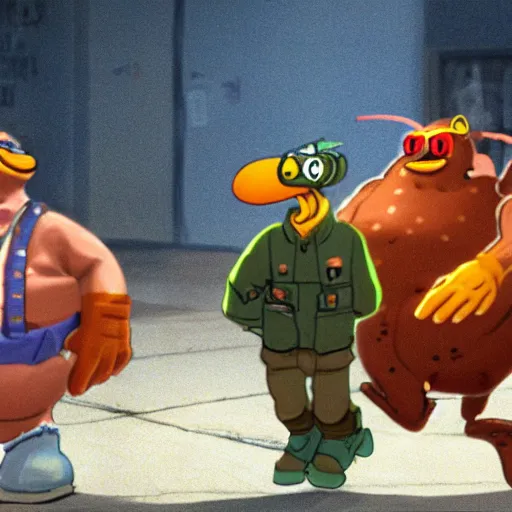 Image similar to a still of from the movie full metal jacket crossover with the game toejam & earl