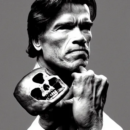 Prompt: Arnold Schwarzenegger as Hamlet holding a skull, black and white, modern style