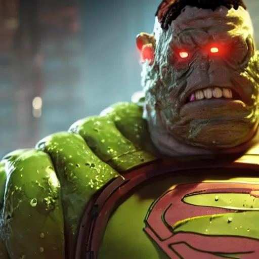 Image similar to pickle rick as superman in gears of war, splash art, movie still, detailed face, photorealistic facial features, cinematic lighting, dramatic, octane render, long lens, shallow depth of field, bokeh, anamorphic lens flare, 8 k, hyper detailed, 3 5 mm film grain