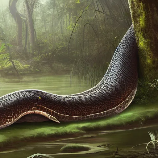 Prompt: a giant anaconda in a dense swamp landscape by ArtStationHQ