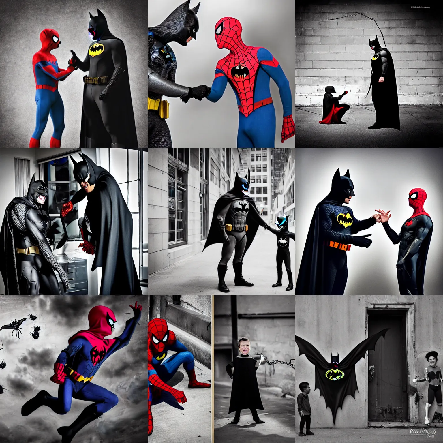 Prompt: Photography, A Batman talking with a Spider man , big smile