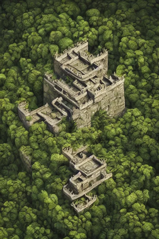 Image similar to giant ancient chinese castle in an forest with some ivy plants on the walls, by zhang zeduan, qiu ying, tang yin, cinematic, epic, dramatic lighting from above, dark, vines, fantasy, dust, unreal engine, octane, highly detailed, concept art, dark, super realistic