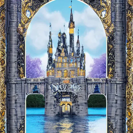 Prompt: a modern futuristic architecture castle along a river. hyperdetailed people walking on a bridge. mixed media collage, victorian baroque embroidery rich maximalist fabric textures, shiny pastel tones. matte background. HD 8x