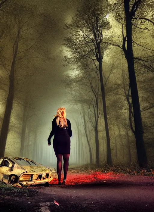 Image similar to beautiful blonde female cop walking through forest of crashed cars, wide shot, full perspective, curvy, mystery, fog, night time, starry skies.