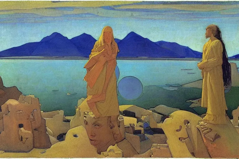 Image similar to the wake of the unseen object,by Nicholas Roerich and William Dyce and ford madox brown, symbolist, dramatic lighting, elaborate geometric ornament, cool blue and green colors, Art Brut, smooth, sharp focus, extremely detailed