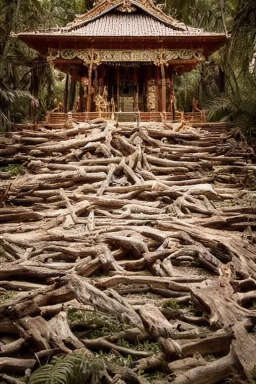 Prompt: A photo of a magical temple made out of driftwood