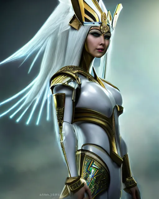 Image similar to perfect white haired attractive egyptian goddess, warframe armor, pharaoh headdress, beautiful, symmetric, dreamy, half asian, pretty face, green eyes, charlize theron, detailed, scifi platform, laboratory, experiment, 4 k, ultra realistic, epic lighting, android body, illuminated, cinematic, masterpiece, art by akihito tsukushi, voidstar