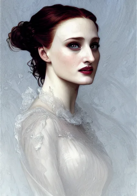 Image similar to sansa angeline jolie gessica chastain victorian vampire teeth, intricate, elegant, highly detailed, digital painting, artstation, concept art, smooth, sharp focus, illustration, art by artgerm and greg rutkowski and alphonse mucha and william - adolphe bouguereau